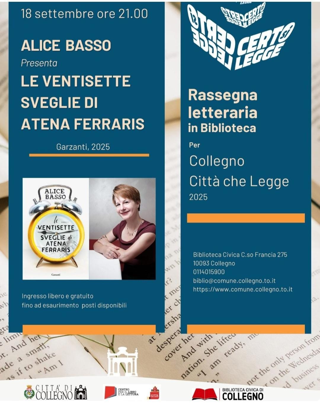 Alice Basso presenta “Le ventisette sveglie” alla Biblioteca di Collegno